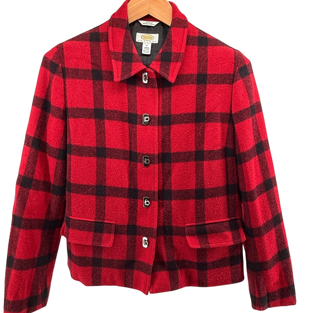 Talbots Petites Red Black Buffalo Plaid Wool Italian Fabric Toggle Jacket 10P